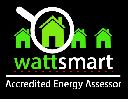 The wattsmart logo with 4 green houses in a black square  with white magnifying glass
